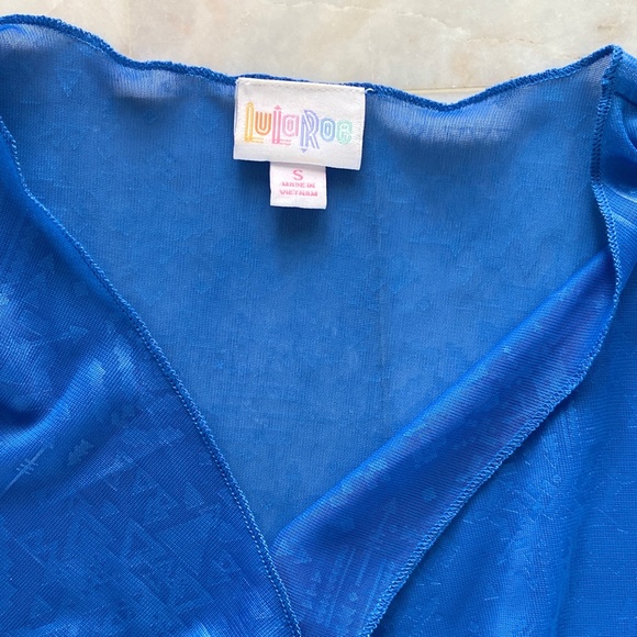 LulaRoe Monroe Kimono Blue with Coral Fringe Small - Picture 3 of 7